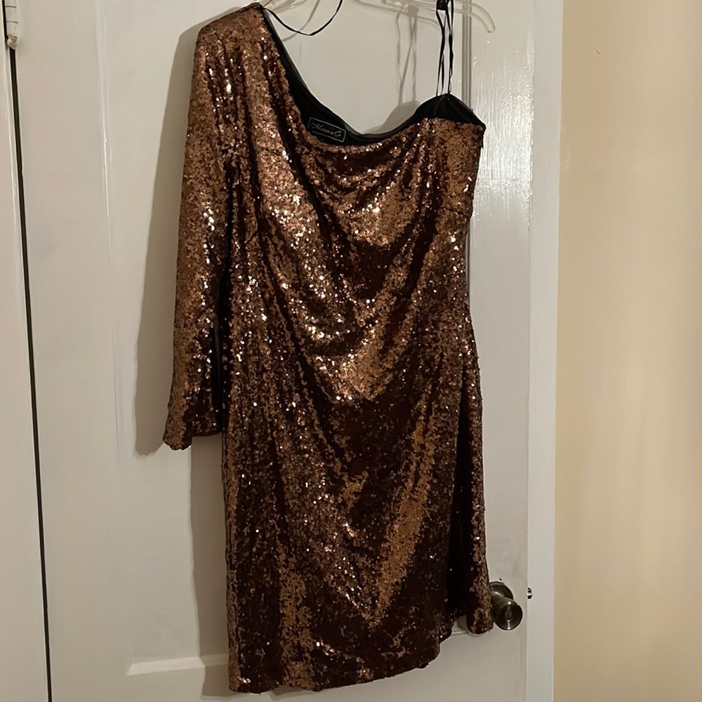 MORGAN & COMPANY copper one shoulder sequence dress